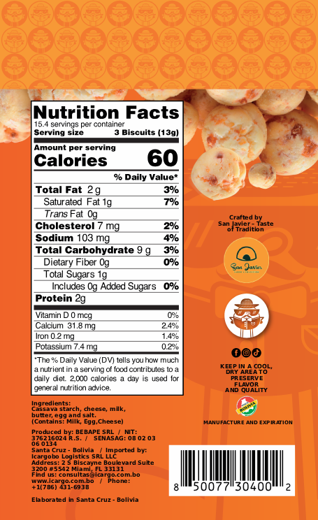 Reverso del empaque de Mr. Cuñapé Crunchy: información nutricional, ingredientes, conservación, elaborador en Santa Cruz de la Sierra e importador en Miami.